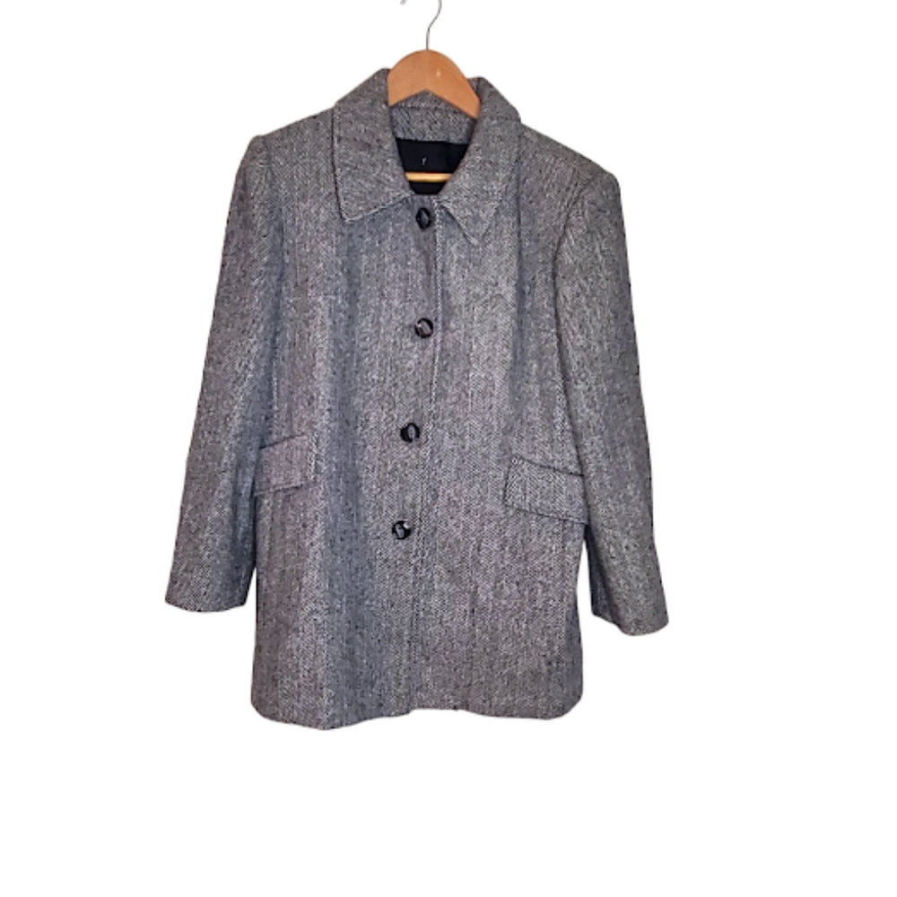 Classic Black and White Wool Herringbone Coat with Front Pockets